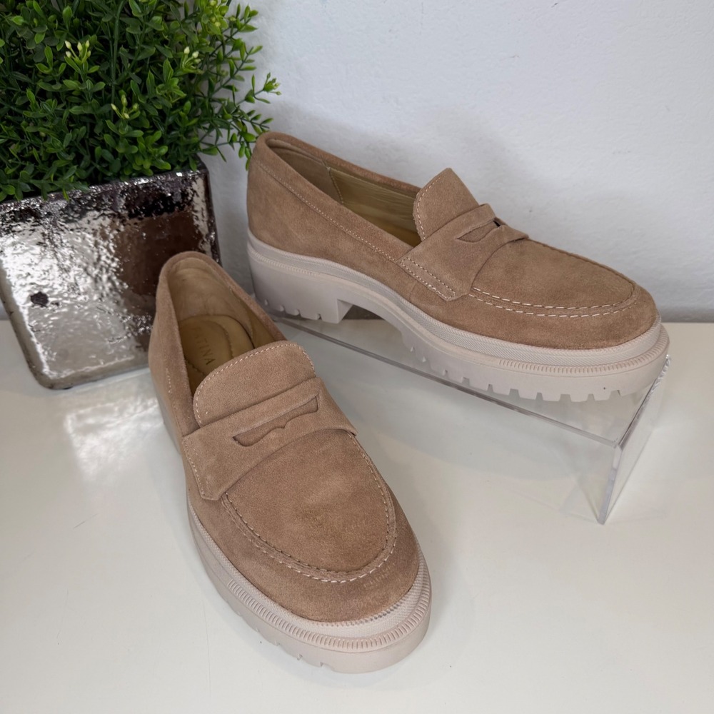 Patina Portland Leather Penny Loafers Womens Tan Suede Lug Sole Platform 42/11